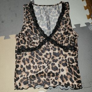 Leopard print & lace mesh tank top